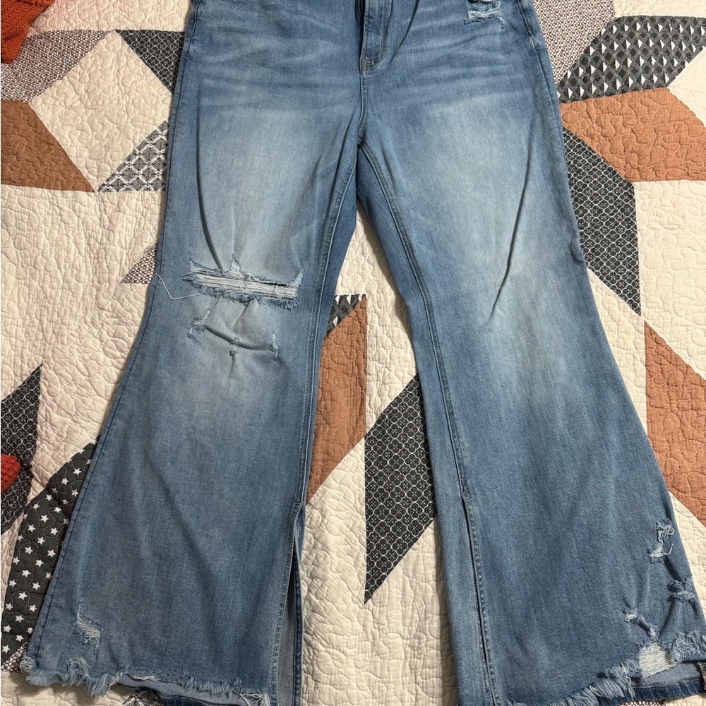 Risen High Rise Distressed Flare Jeans